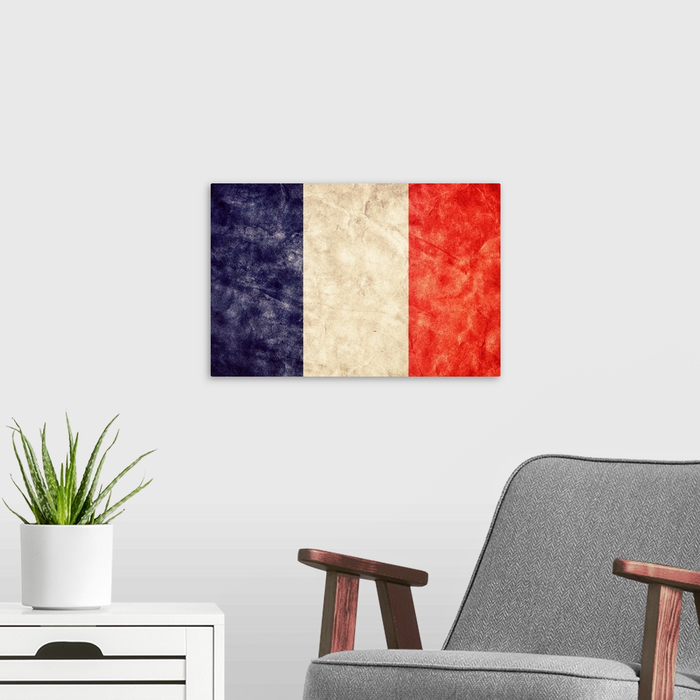 A modern room featuring French flag in a grunge style.