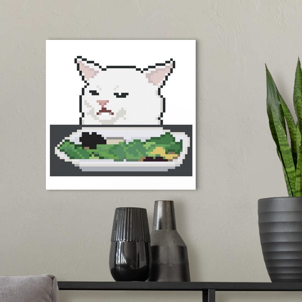 A modern room featuring Funny cat on the table, pixel art illustration.