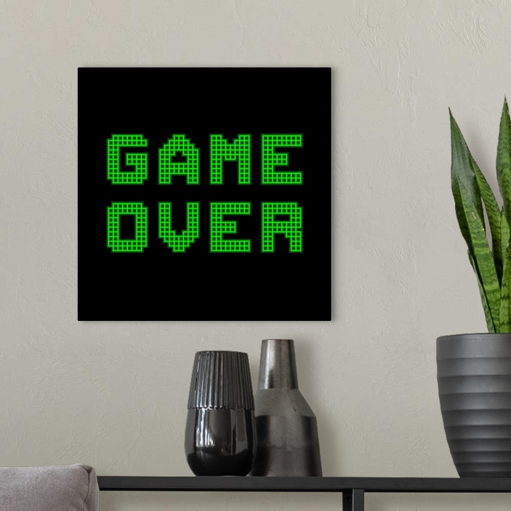 A modern room featuring Game Over On A Green Grid Digital Display