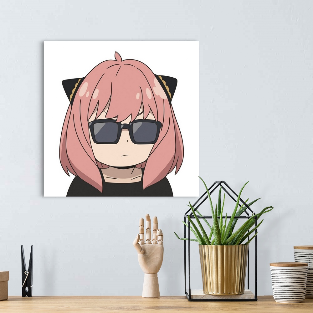 A bohemian room featuring Girl with lush pink hair, wearing glasses, not smiling. Head only, black dress.