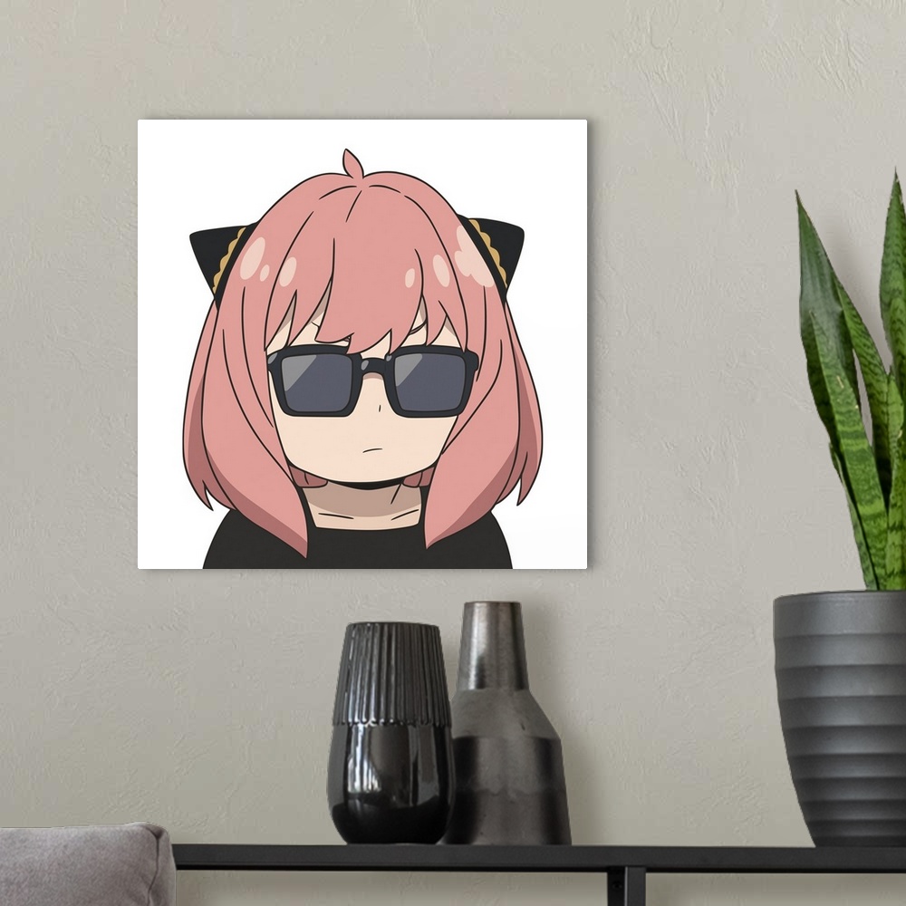 A modern room featuring Girl with lush pink hair, wearing glasses, not smiling. Head only, black dress.