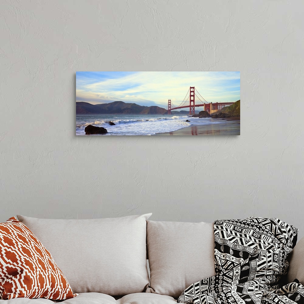 A bohemian room featuring Golden Gate Bridge At Sunset Seen From Marshall Beach, San Francisco