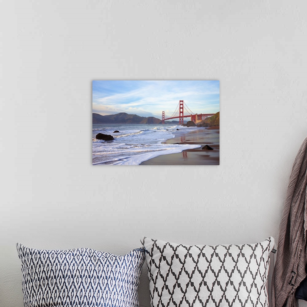 A bohemian room featuring Golden Gate Bridge At Sunset Seen From Marshall Beach, San Francisco