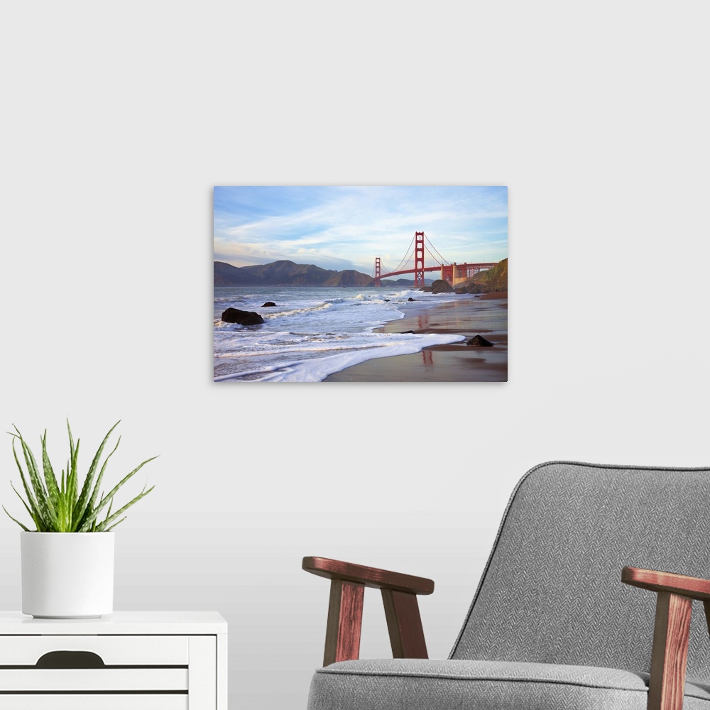 A modern room featuring Golden Gate Bridge At Sunset Seen From Marshall Beach, San Francisco
