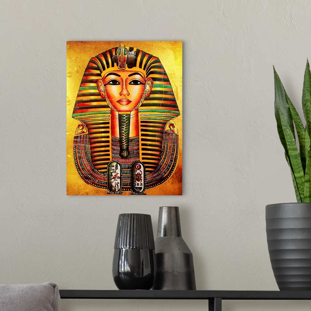 A modern room featuring golden pharaoh