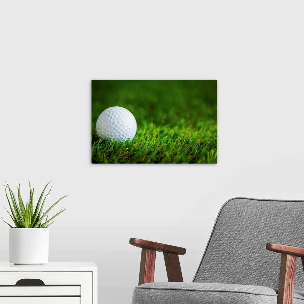 A modern room featuring Golf ball on green grass.