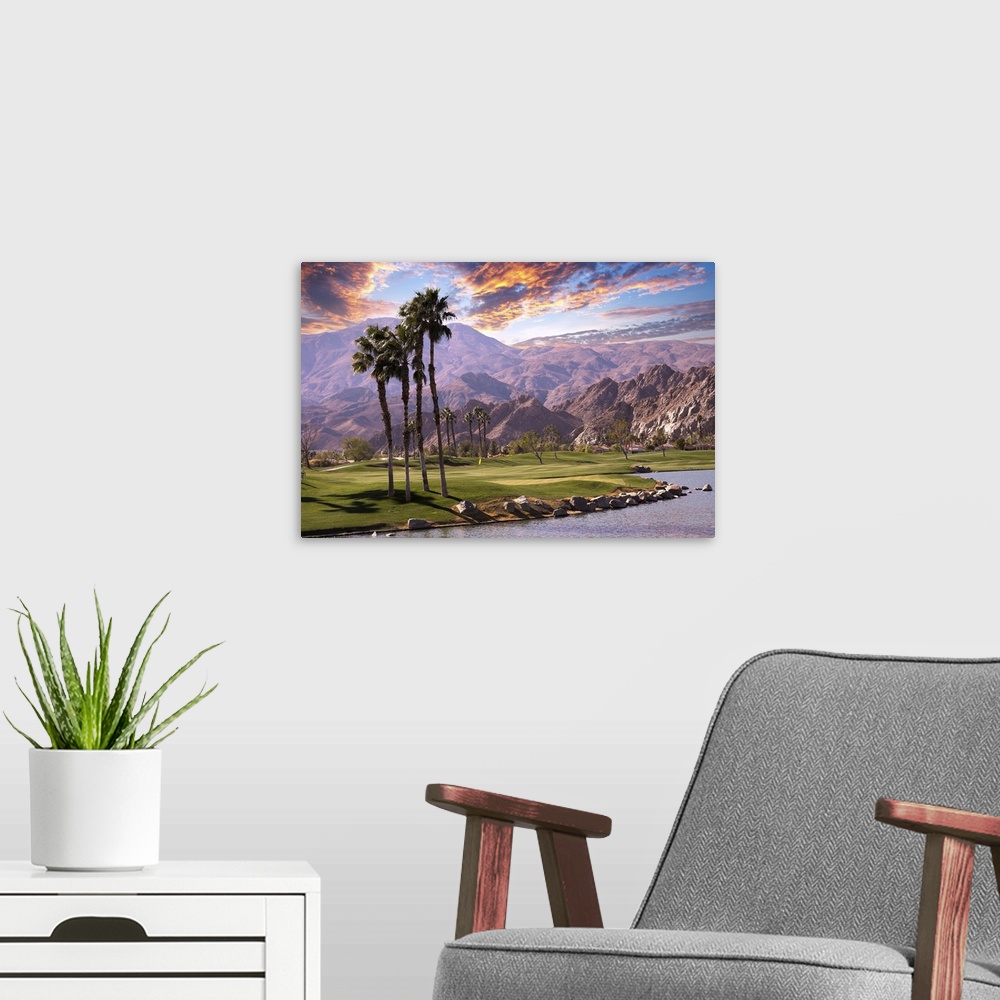 A modern room featuring Golf Course At Sunset  In Palm Springs, California