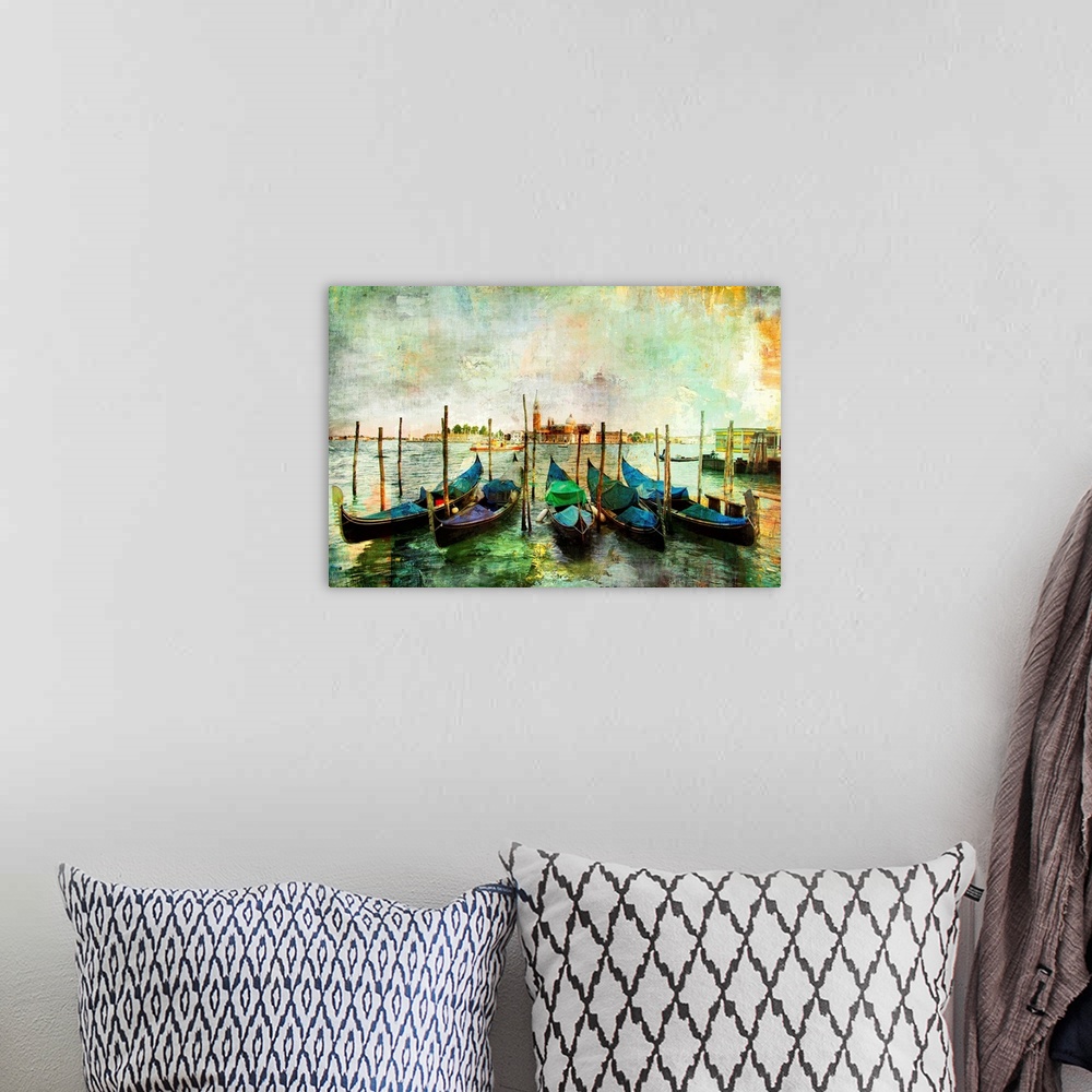 A bohemian room featuring gondolas - beautiful Venetian pictures - oil painting style