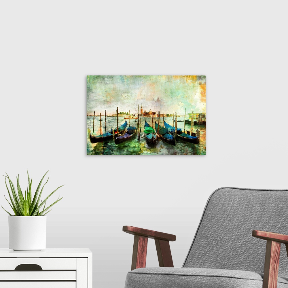 A modern room featuring gondolas - beautiful Venetian pictures - oil painting style