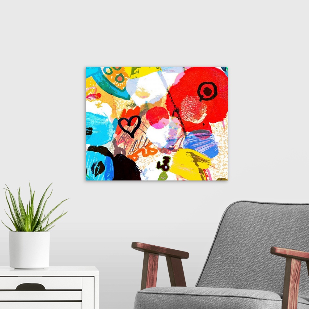 A modern room featuring abstract graffiti collage, digital painting