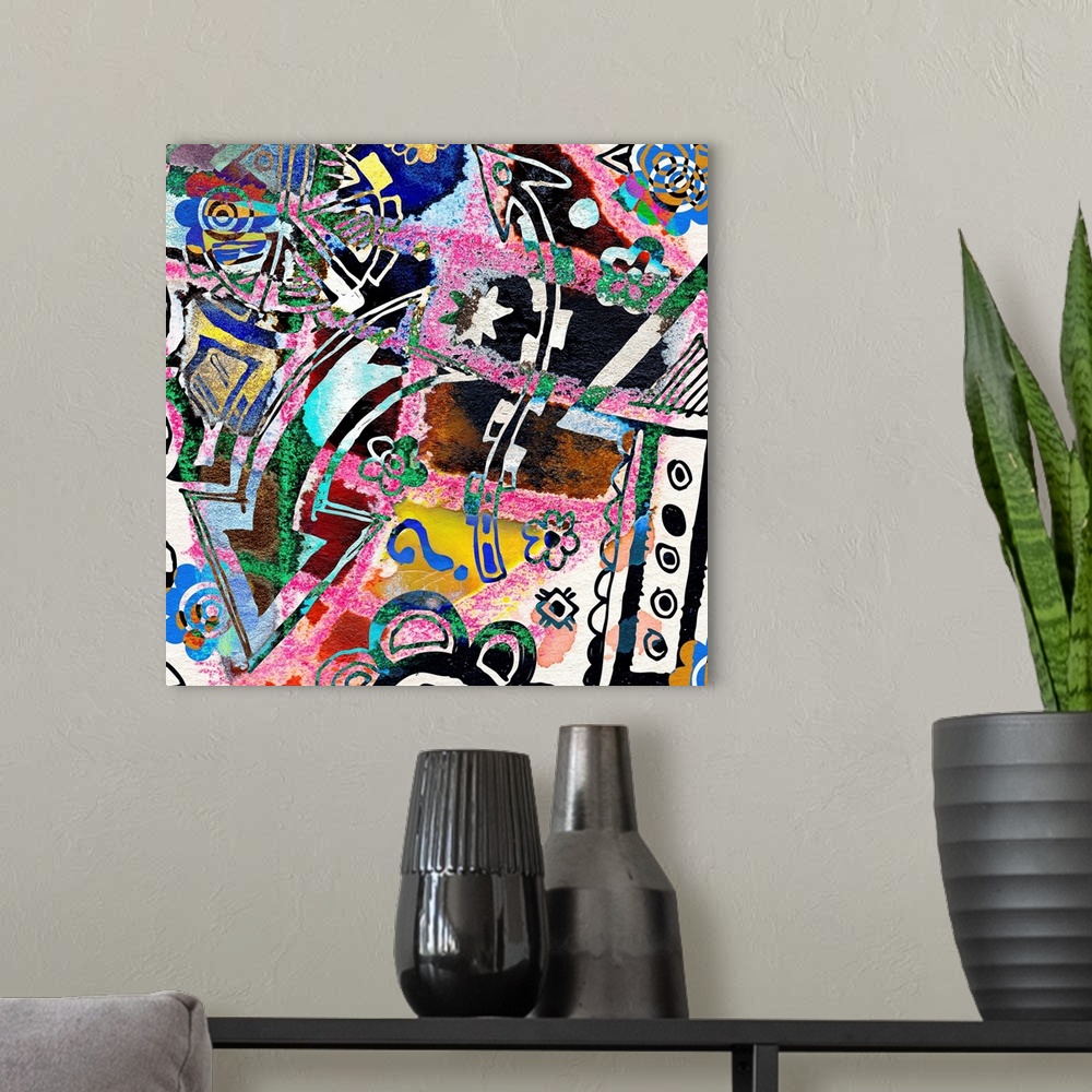 A modern room featuring abstract background, color painted graffiti