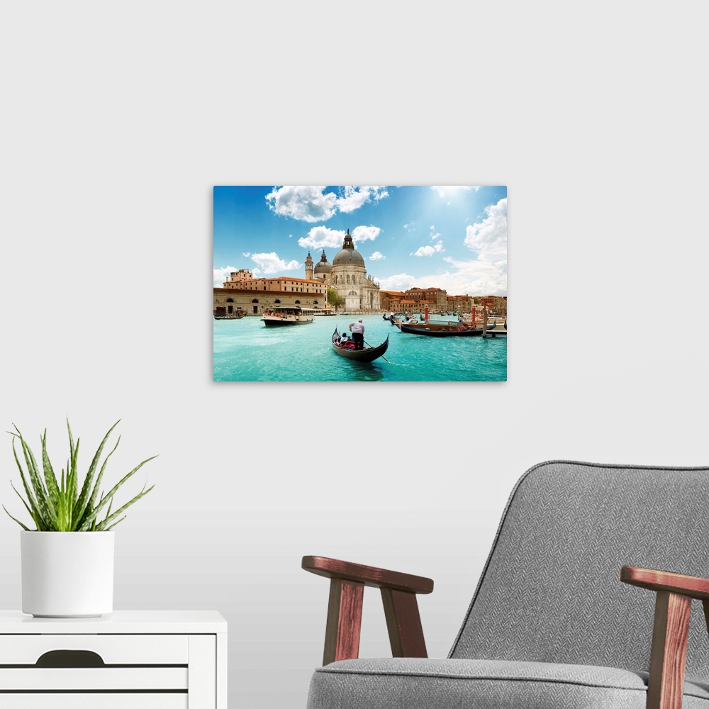 A modern room featuring Grand Canal and Basilica Santa Maria della Salute, Venice, Italy and sunny day