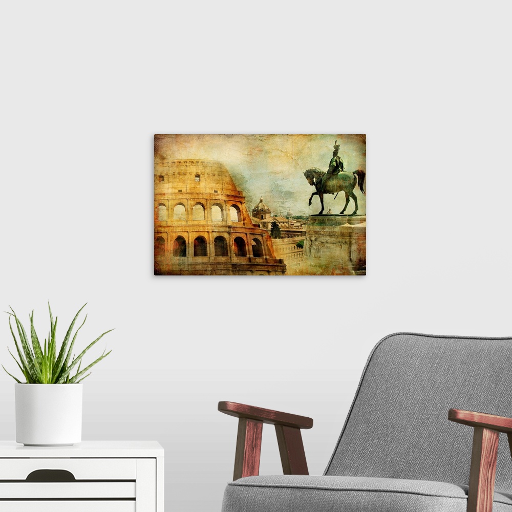 A modern room featuring great Rome - artwork in painting style