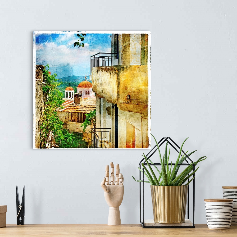 A bohemian room featuring Greek streets and monasteries-artwork in painting style