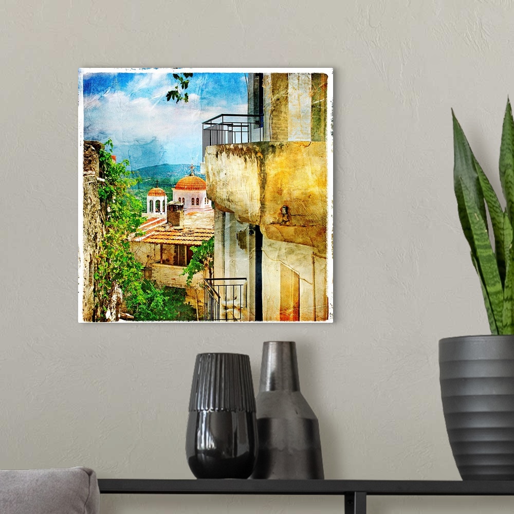 A modern room featuring Greek streets and monasteries-artwork in painting style