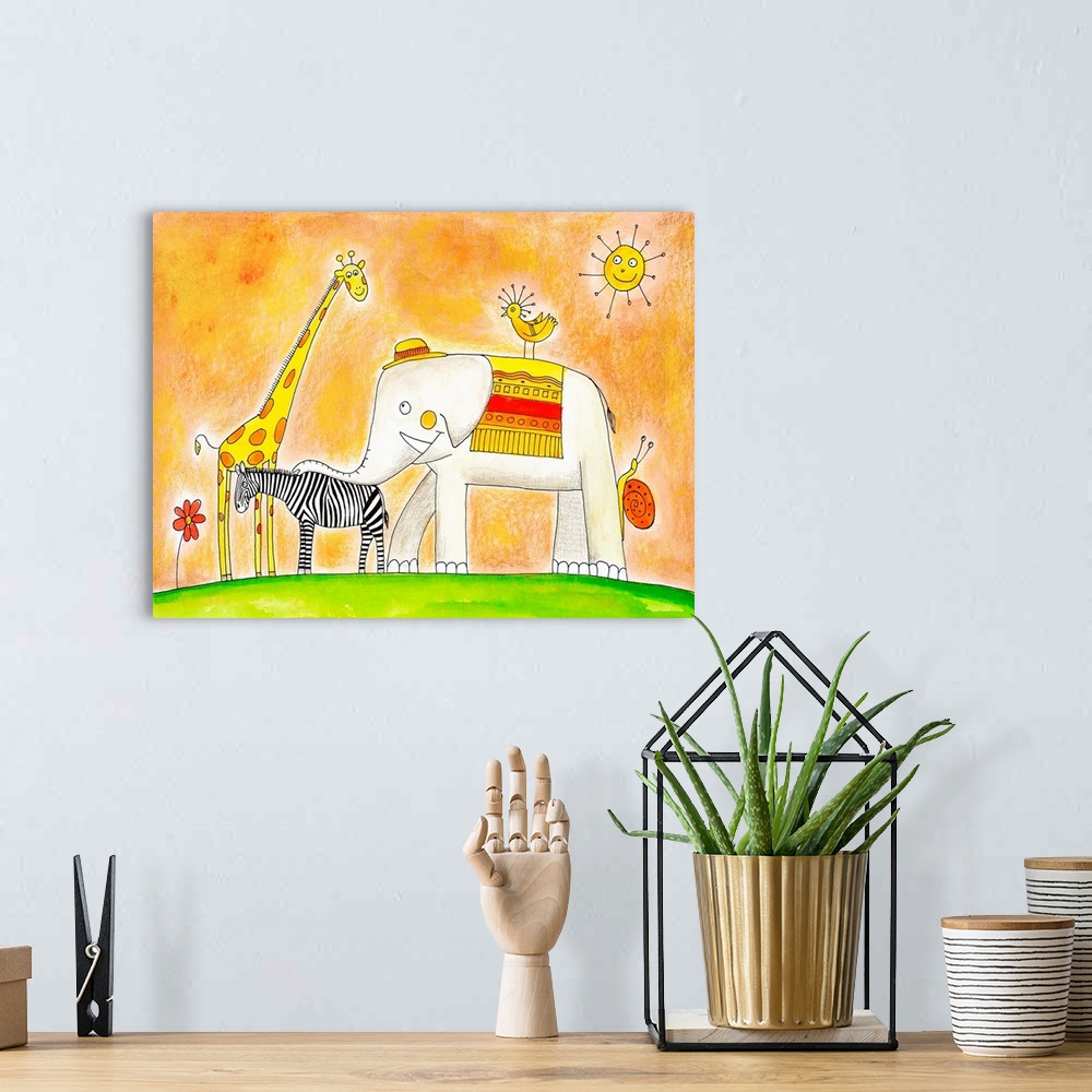 A bohemian room featuring Group of animals, child's drawing watercolor painting