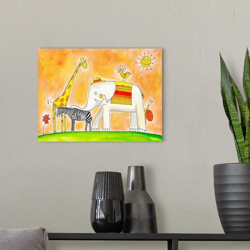 A modern room featuring Group of animals, child's drawing watercolor painting