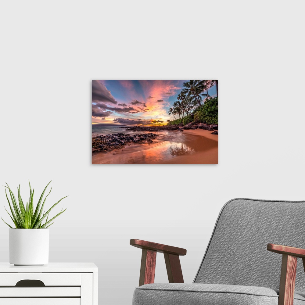 A modern room featuring Colorful sunset from secret cove, Maui, Hawaii.