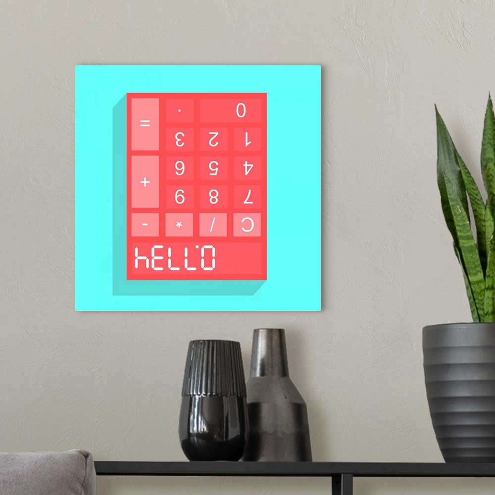 A modern room featuring Calculator display with HELLO formed from the upside down numerals 07734 when viewed inverted, conce