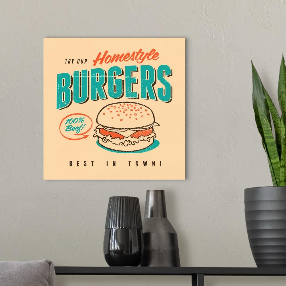 A modern room featuring Homestyle Burgers
