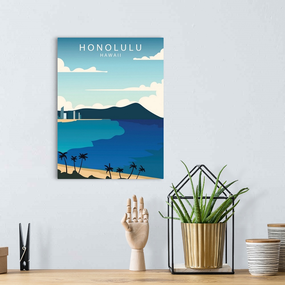 A bohemian room featuring Honolulu Modern Vector Travel Poster