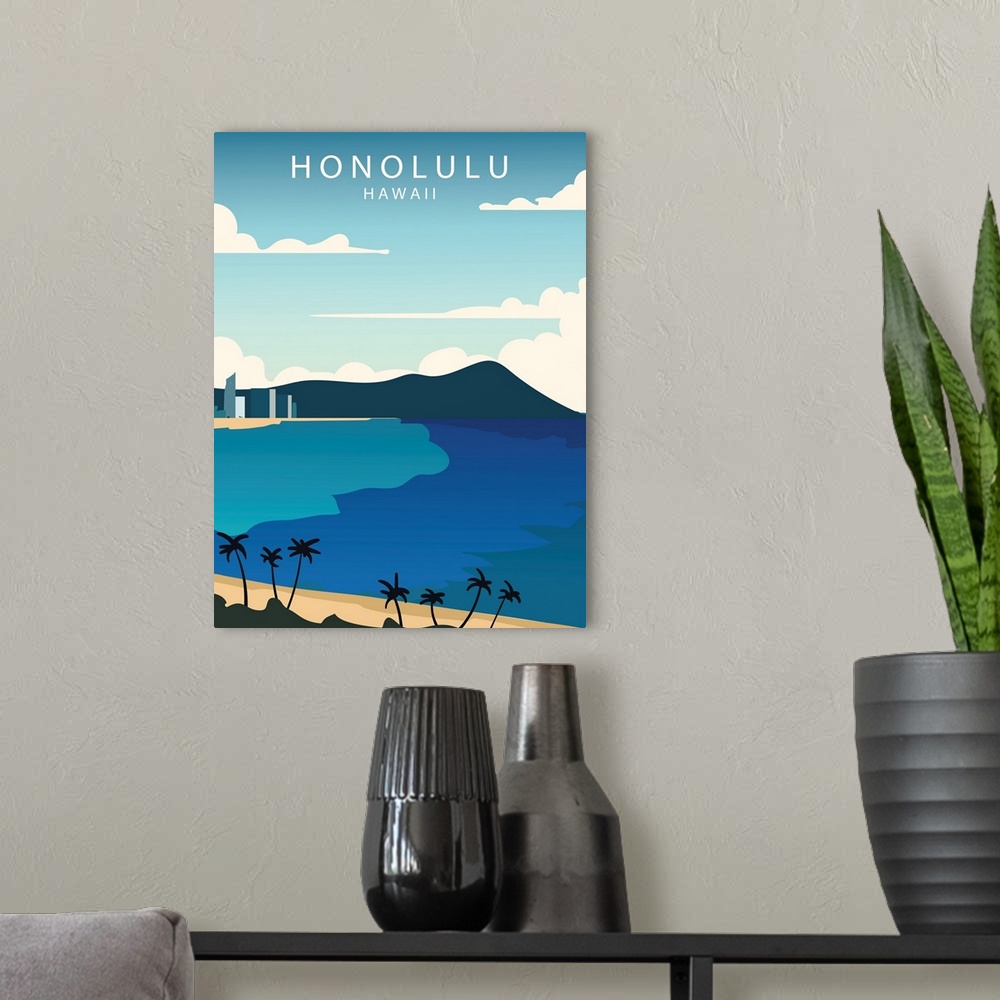 A modern room featuring Honolulu Modern Vector Travel Poster