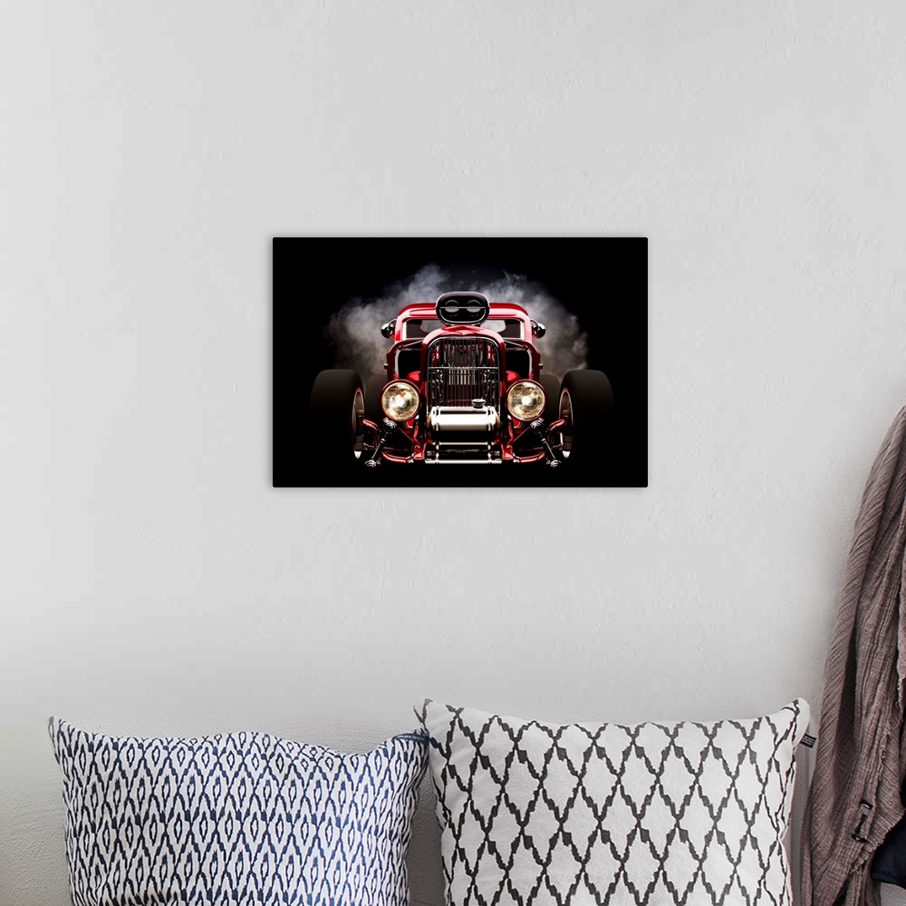 A bohemian room featuring Hot rod with smoke background on black.