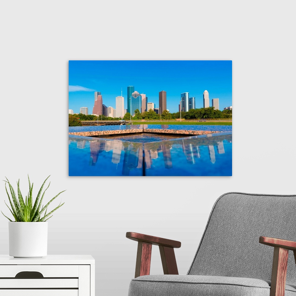A modern room featuring Houston skyline and Memorial reflection Texas.