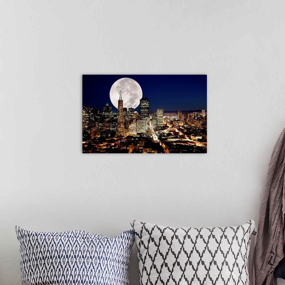 A bohemian room featuring A full moon over San Francisco, California.