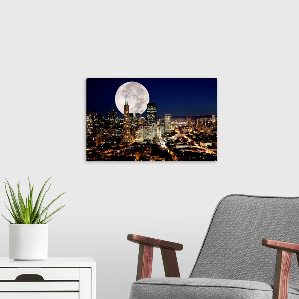 A modern room featuring A full moon over San Francisco, California.