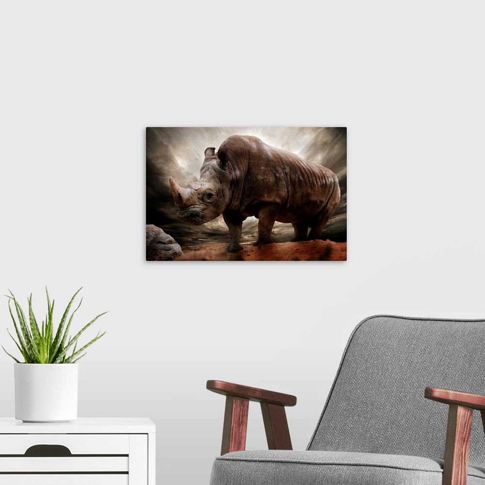 A modern room featuring Huge rhinoceros against stormy sky