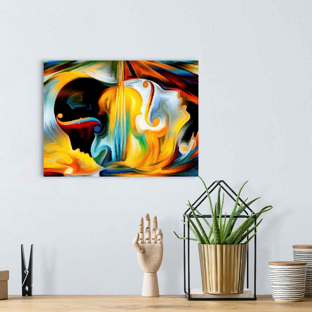 A bohemian room featuring Colorful abstract painting using organic shapes to create human faces in profile against the shap...