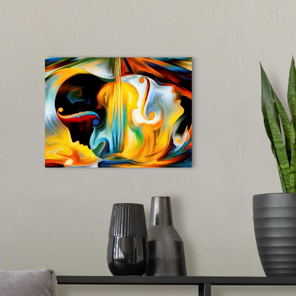 A modern room featuring Colorful abstract painting using organic shapes to create human faces in profile against the shap...