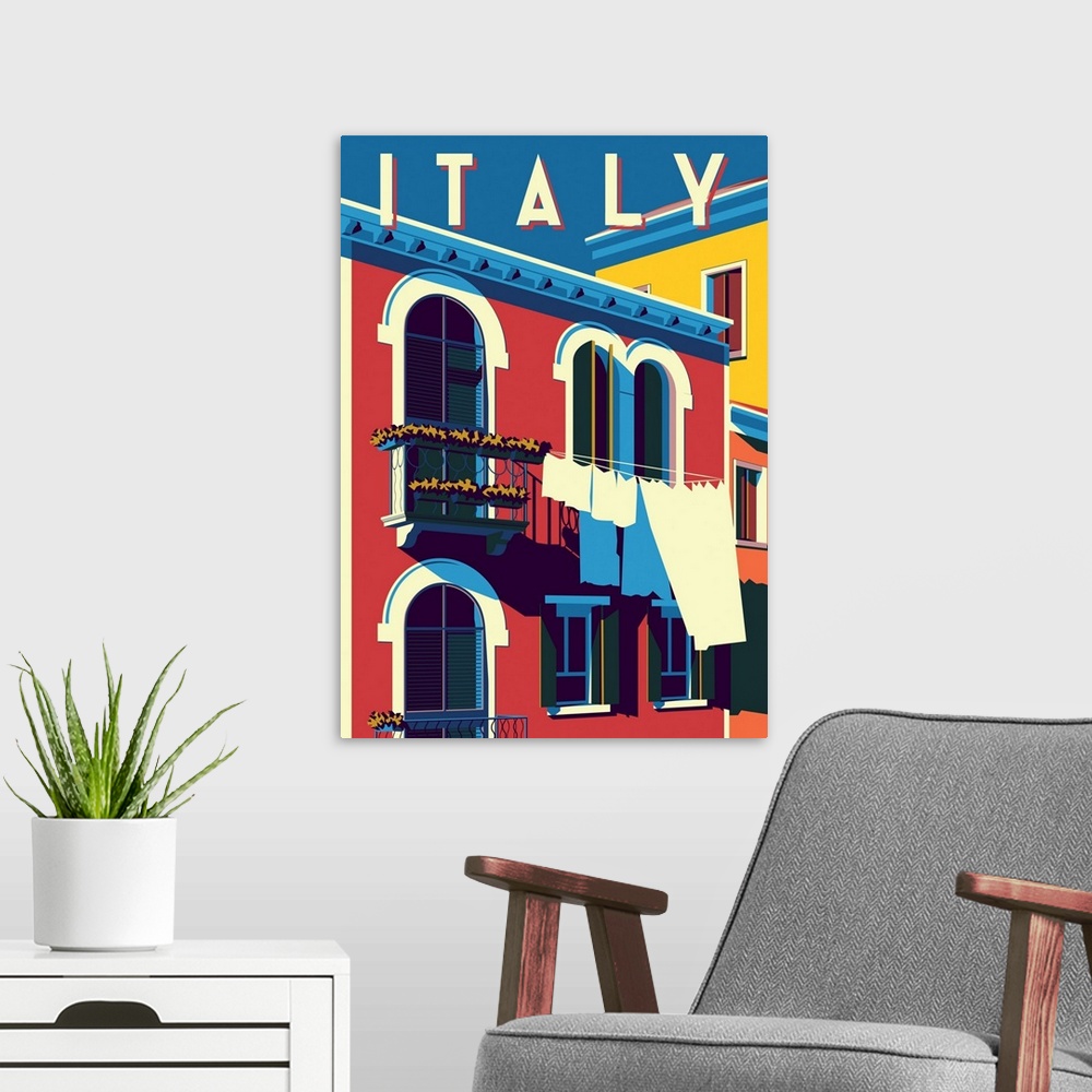 A modern room featuring Italy Travel Poster