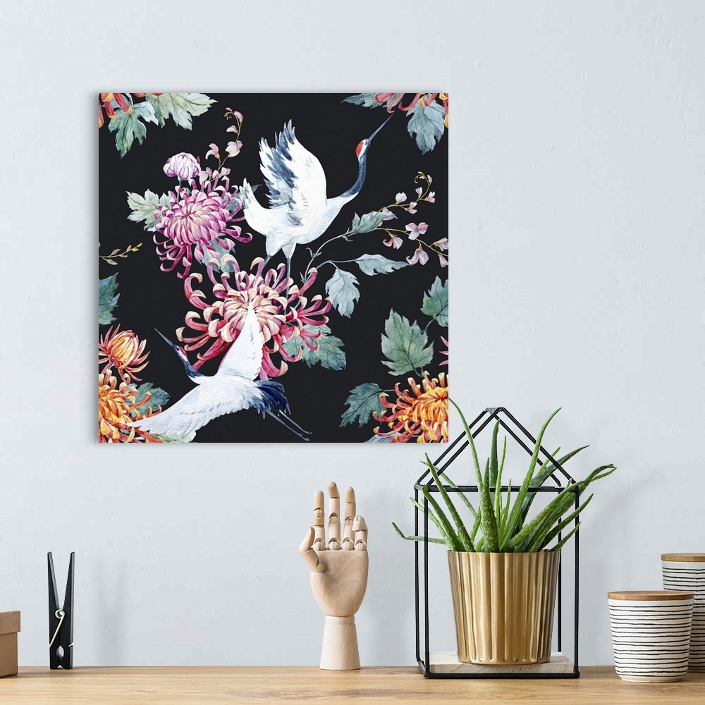 A bohemian room featuring Japanese Red Head Crane And Chrysanthemum Flowers