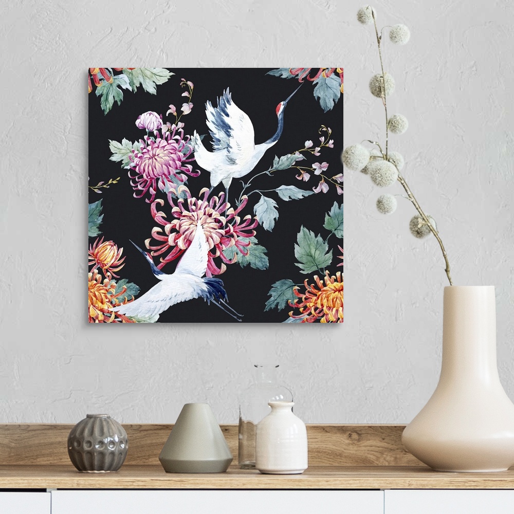 A farmhouse room featuring Japanese Red Head Crane And Chrysanthemum Flowers