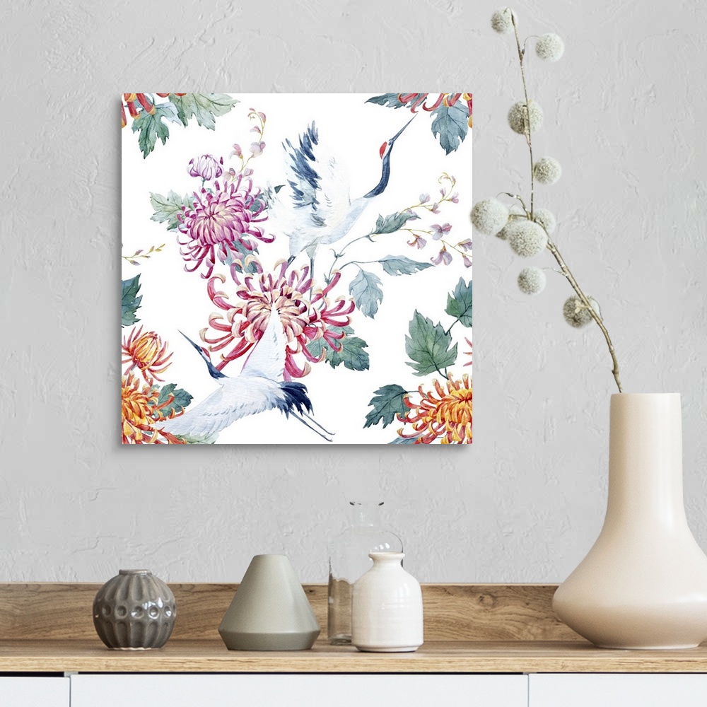 A farmhouse room featuring Japanese Red Head Crane And Chrysanthemum Flowers