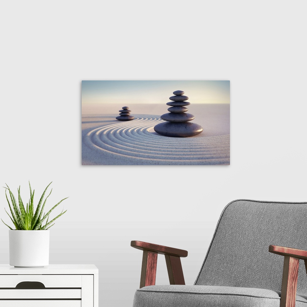 A modern room featuring Japanese Zen garden - two stacks of pebbles in the evening sun - 3D illustration.