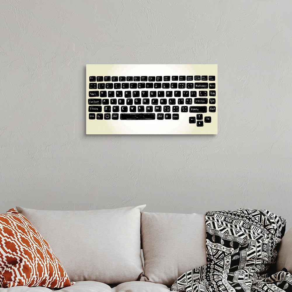 A bohemian room featuring set of hand drawn keyboard buttons