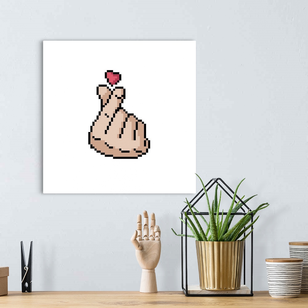 A bohemian room featuring Korean heart sign. Finger love symbol. I love you hand gesture. Pixel art.