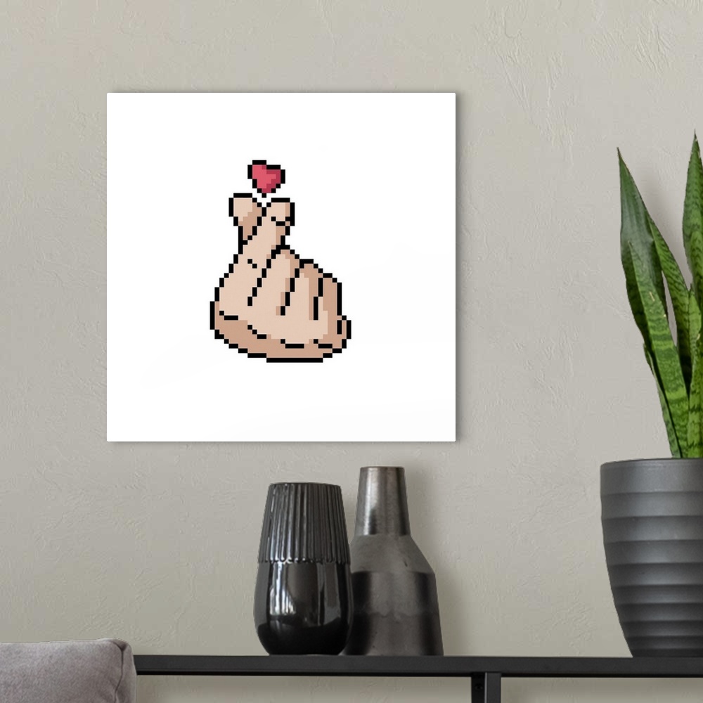 A modern room featuring Korean heart sign. Finger love symbol. I love you hand gesture. Pixel art.