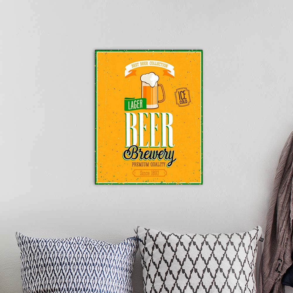 A bohemian room featuring Vintage Beer Brewery Poster. Vector illustration.