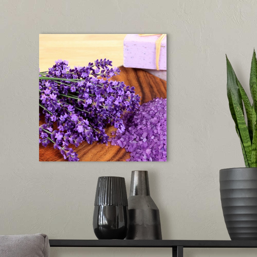 A modern room featuring Lavender laying on a wooden surface.