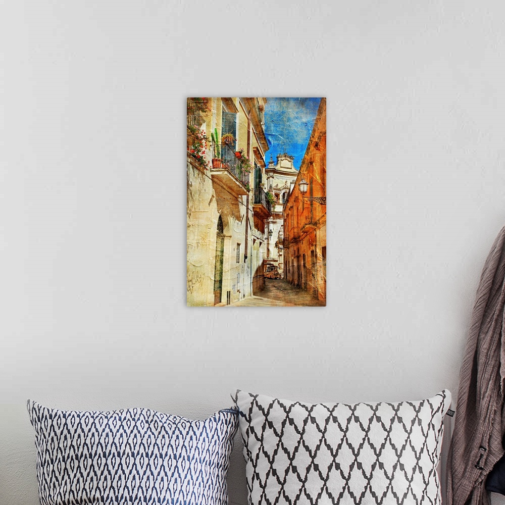 A bohemian room featuring Italian old town streets- Lecce.picture in painting style