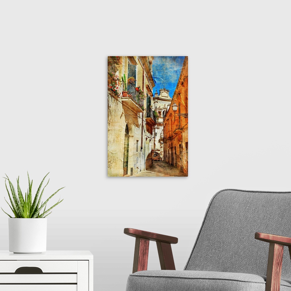 A modern room featuring Italian old town streets- Lecce.picture in painting style