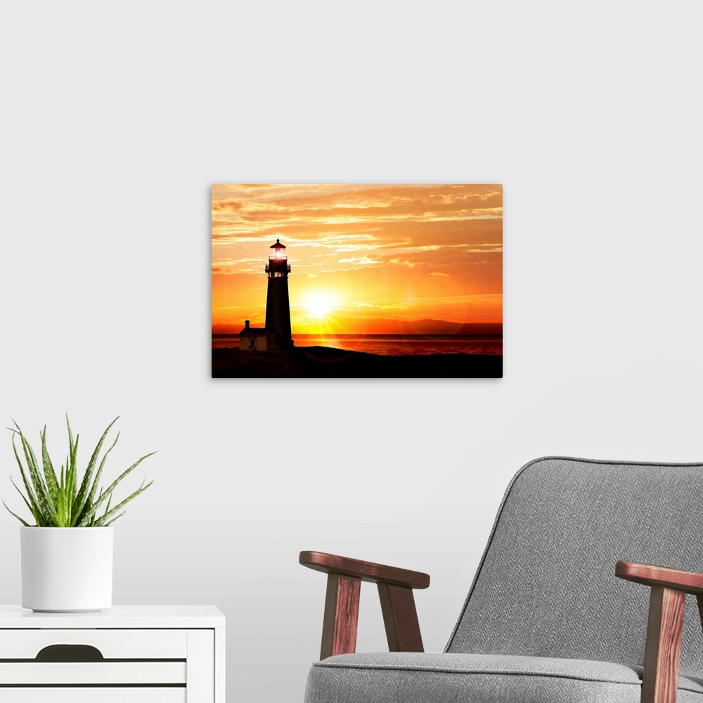 A modern room featuring Lighthouse near ocean at sunset.