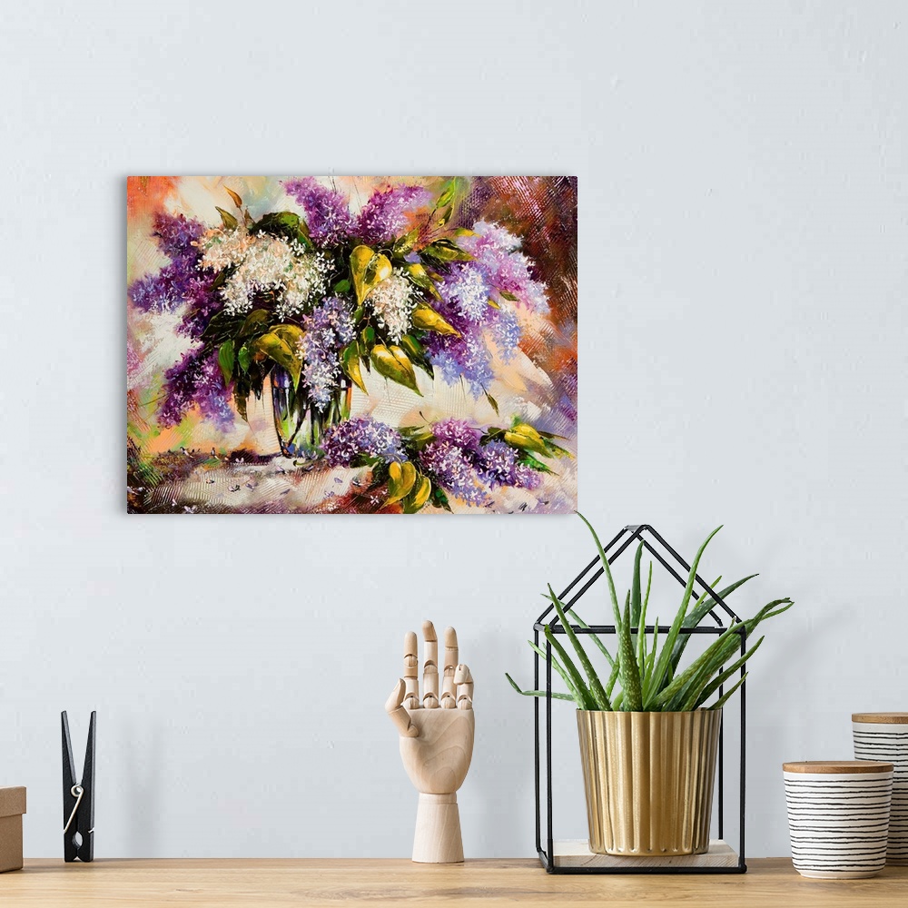 A bohemian room featuring Lilac bouquet in a vase