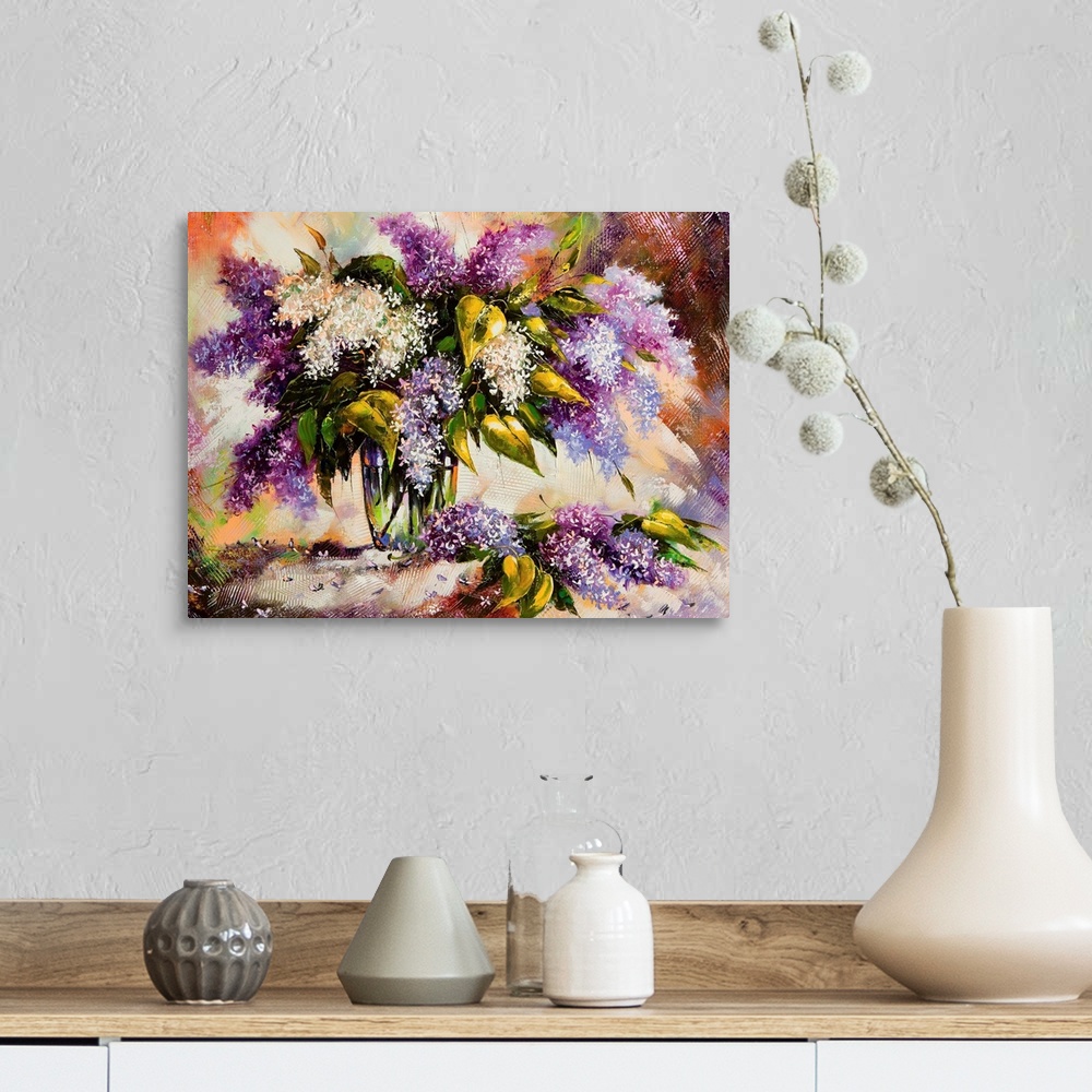 A farmhouse room featuring Lilac bouquet in a vase
