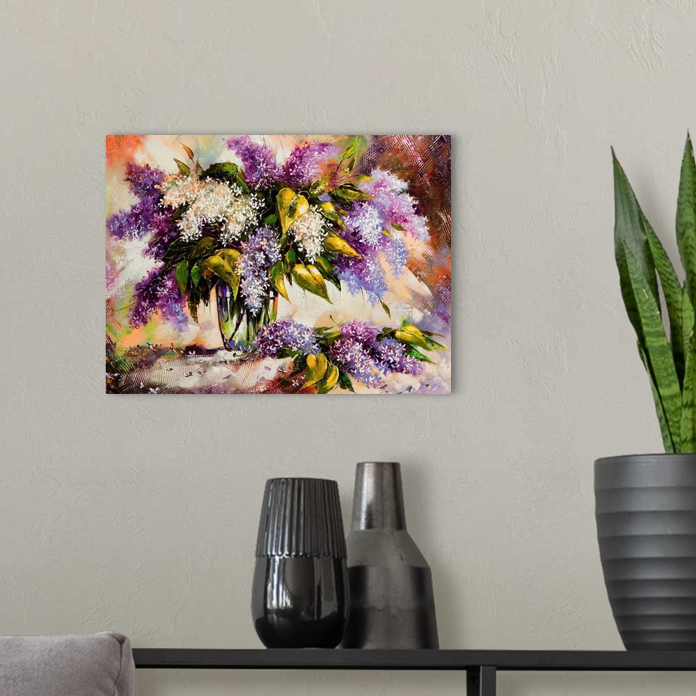 A modern room featuring Lilac bouquet in a vase