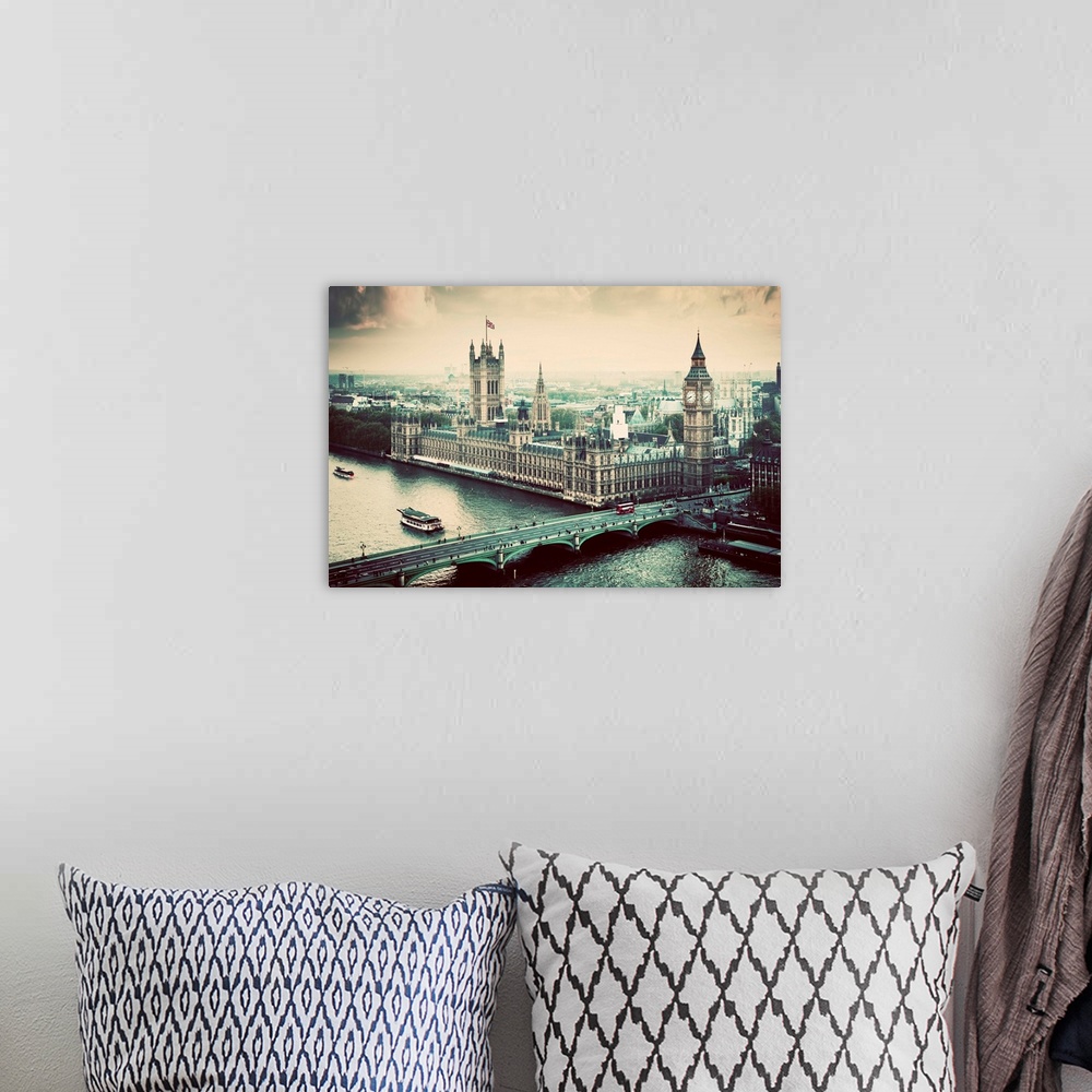 A bohemian room featuring London, Big Ben, the Palace of Westminster in vintage, retro style. View from the London Eye